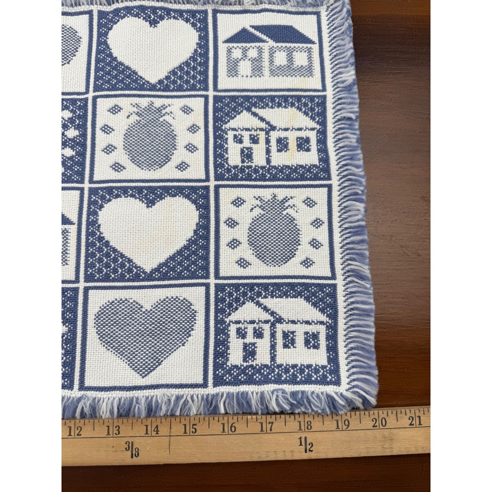 Vintage Blue White Woven Fringed Placemats Set of 2 Pineapple Heart House Mats - Picture 6 of 7